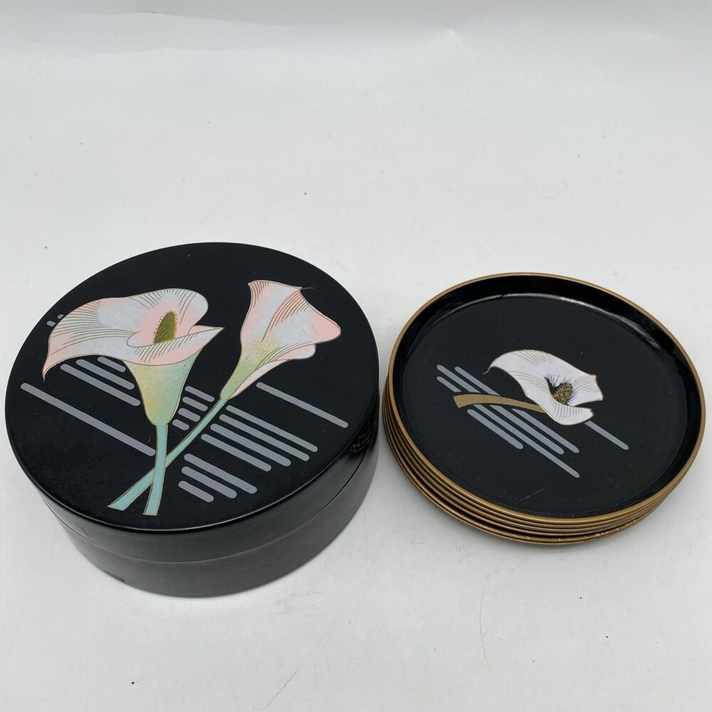 Vintage Japan Coaster Plate Set Black Laquer white cala lily 6 Coasters in Box